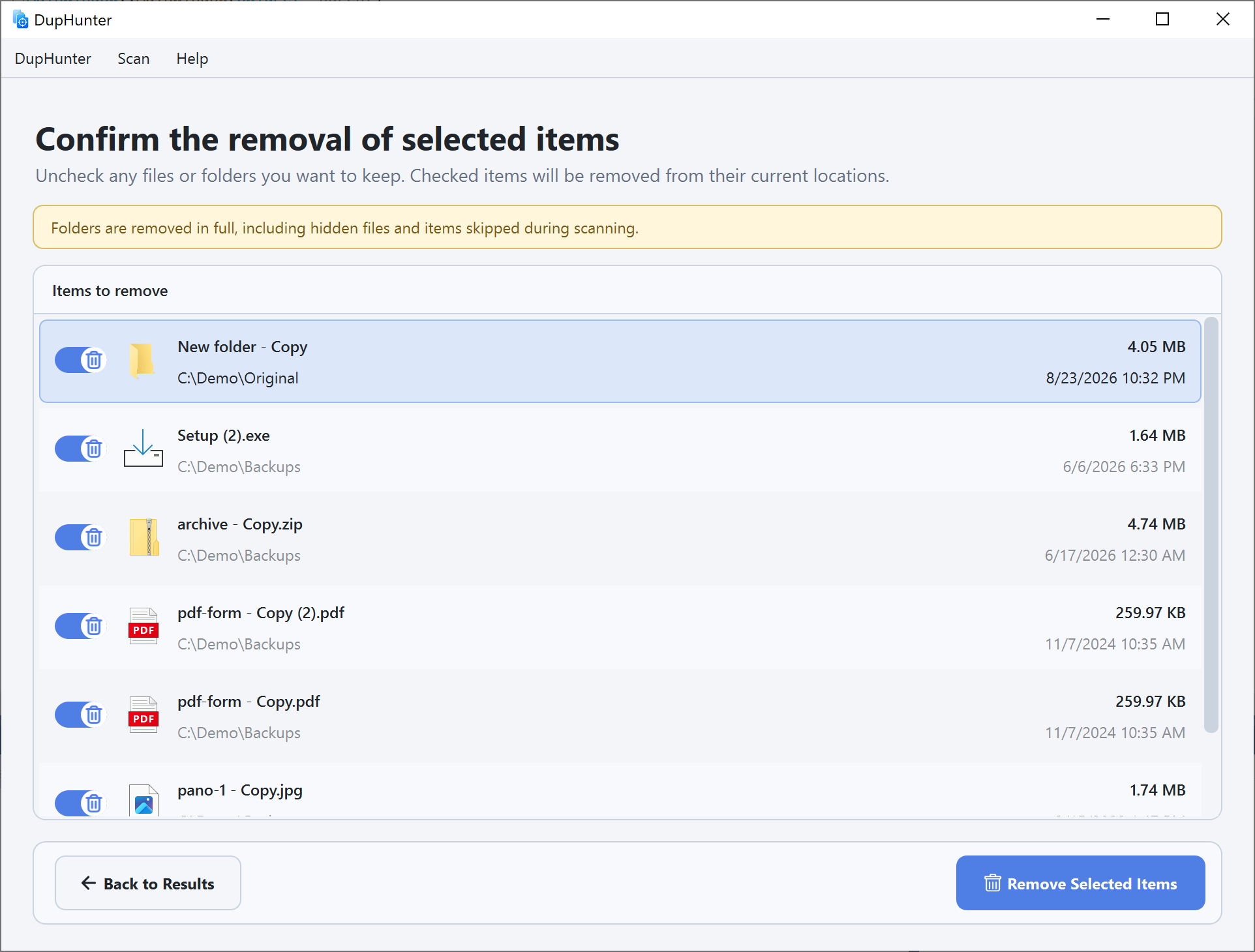 DupHunter final removal review containing a folder and several files